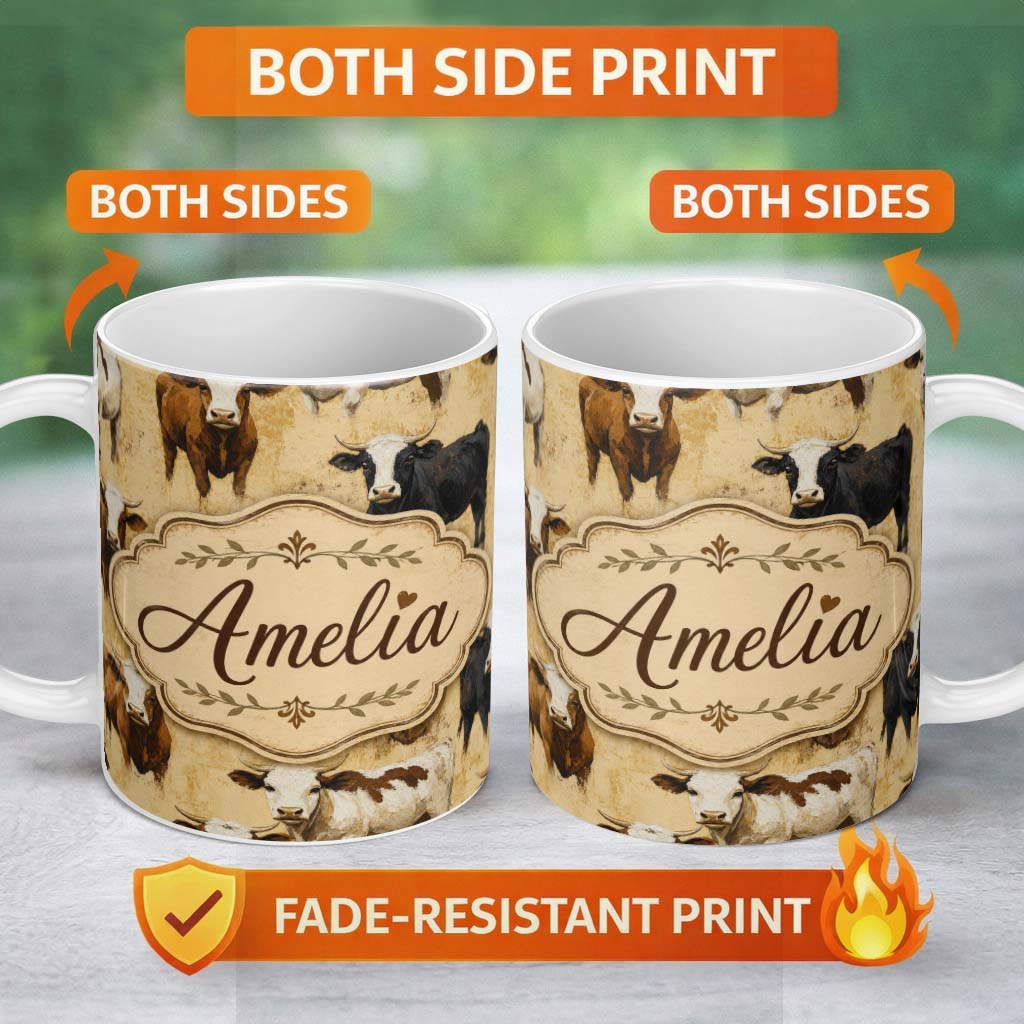 Personalized Custom Name Painterly Cow Cattle Portrait Farm Animal Seamless Pattern Lovely 11oz Ceramic Coffee Tea Mug White Large Handle