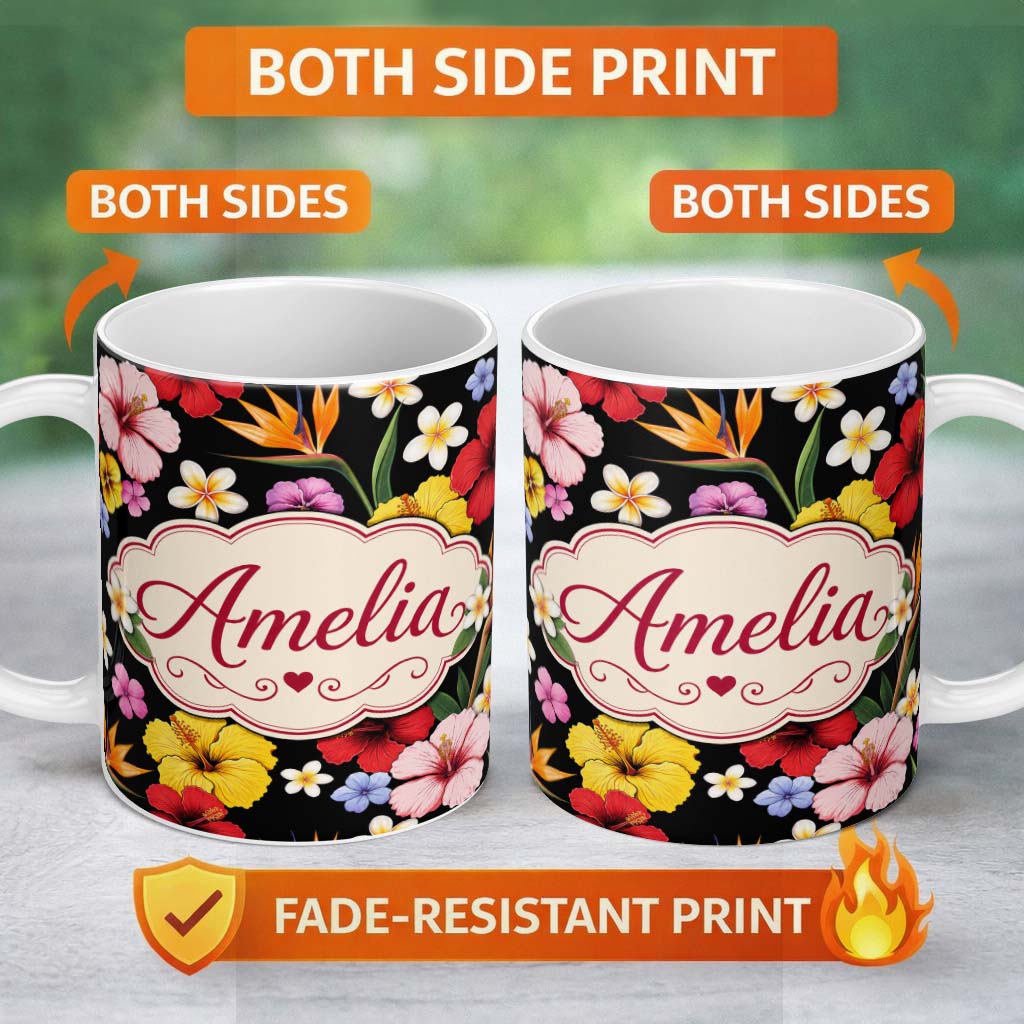 Personalized Custom Name Tropical Hibiscus Bird of Paradise Seamless Pattern Black Background 11oz Ceramic Coffee Tea Mug White Large Handle