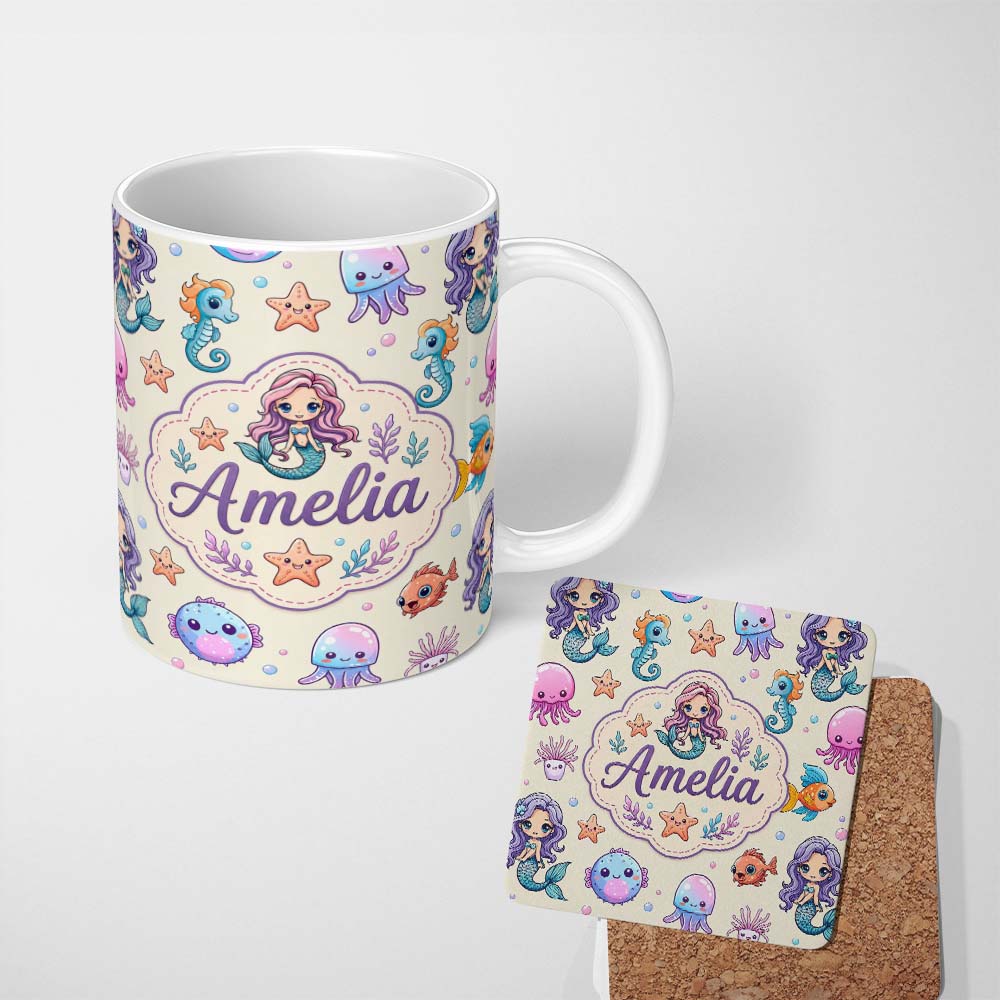 Personalized Custom Name Cute Cartoon Mermaid with Sea Creatures on Light Background Kids 11oz Ceramic Coffee Tea Mug White Large Handle