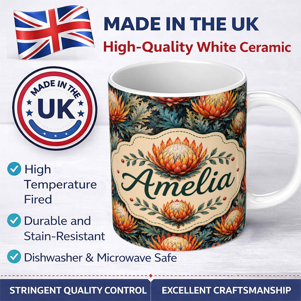 Personalized Custom Name Artistic Protea Floral with Blue Leaves Seamless Pattern Lovely 11oz Ceramic Coffee Tea Mug White Large Handle