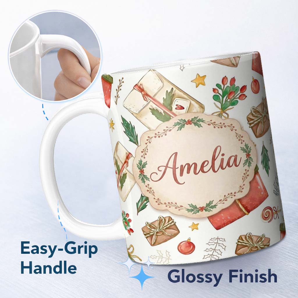 Personalized Custom Name Festive Gift Boxes Candy Stars Christmas Holiday Seamless Pattern 11oz Ceramic Coffee Tea Mug White Large Handle