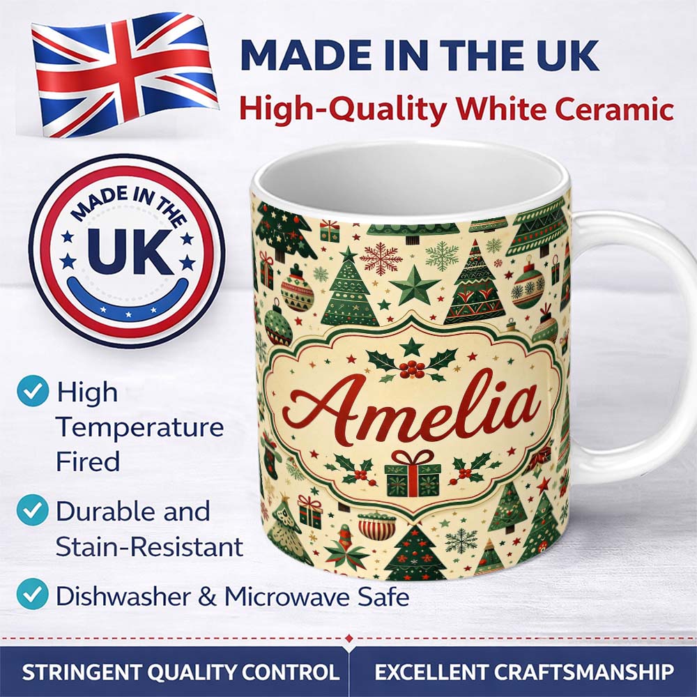 Personalized Custom Name Scandinavian Christmas Tree Star Ornament Nordic Seamless Pattern 11oz Ceramic Coffee Tea Mug White Large Handle