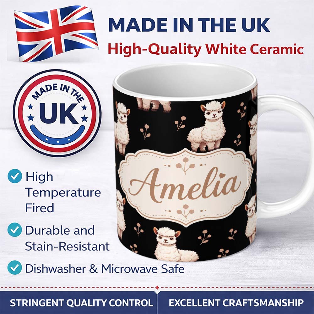 Personalized Custom Name Cute Alpaca Llama Pattern with Floral Sprigs on Black Background 11oz Ceramic Coffee Tea Mug White Large Handle