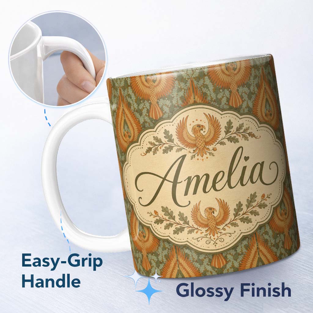 Personalized Custom Name Vintage Art Nouveau Phoenix Bird Ornamental Seamless Pattern Lovely 11oz Ceramic Coffee Tea Mug White Large Handle