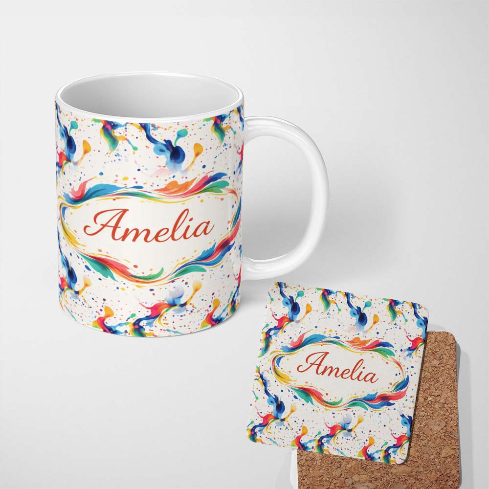 Personalized Custom Name Soft Blush Watercolour Splash Pink Mint Abstract Pattern Lovely 11oz Ceramic Coffee Tea Mug White Large Handle