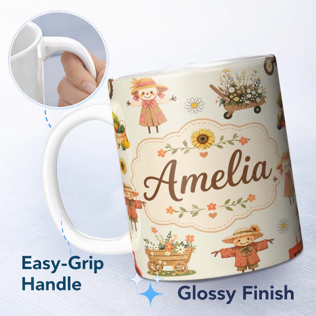 Personalized Custom Name Cute Autumn Scarecrow Barn Flowers Seamless Pattern Cream Background 11oz Ceramic Coffee Tea Mug White Large Handle