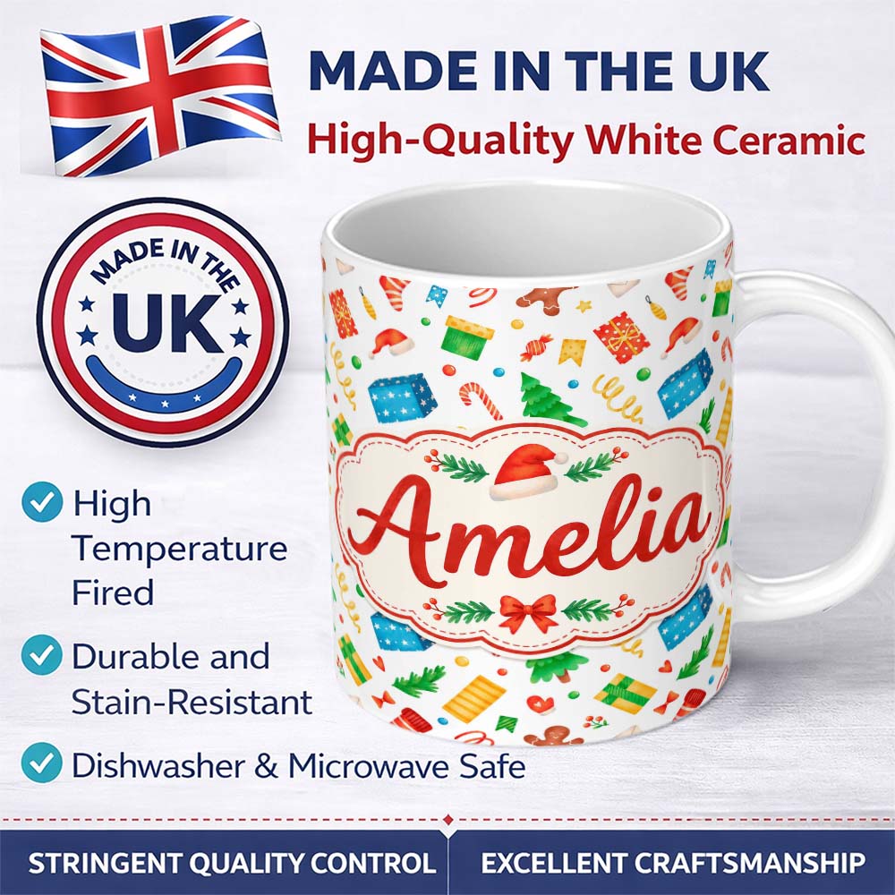 Personalized Custom Name Watercolor Christmas Gifts Candy Gingerbread Festive Holiday Lovely 11oz Ceramic Coffee Tea Mug White Large Handle