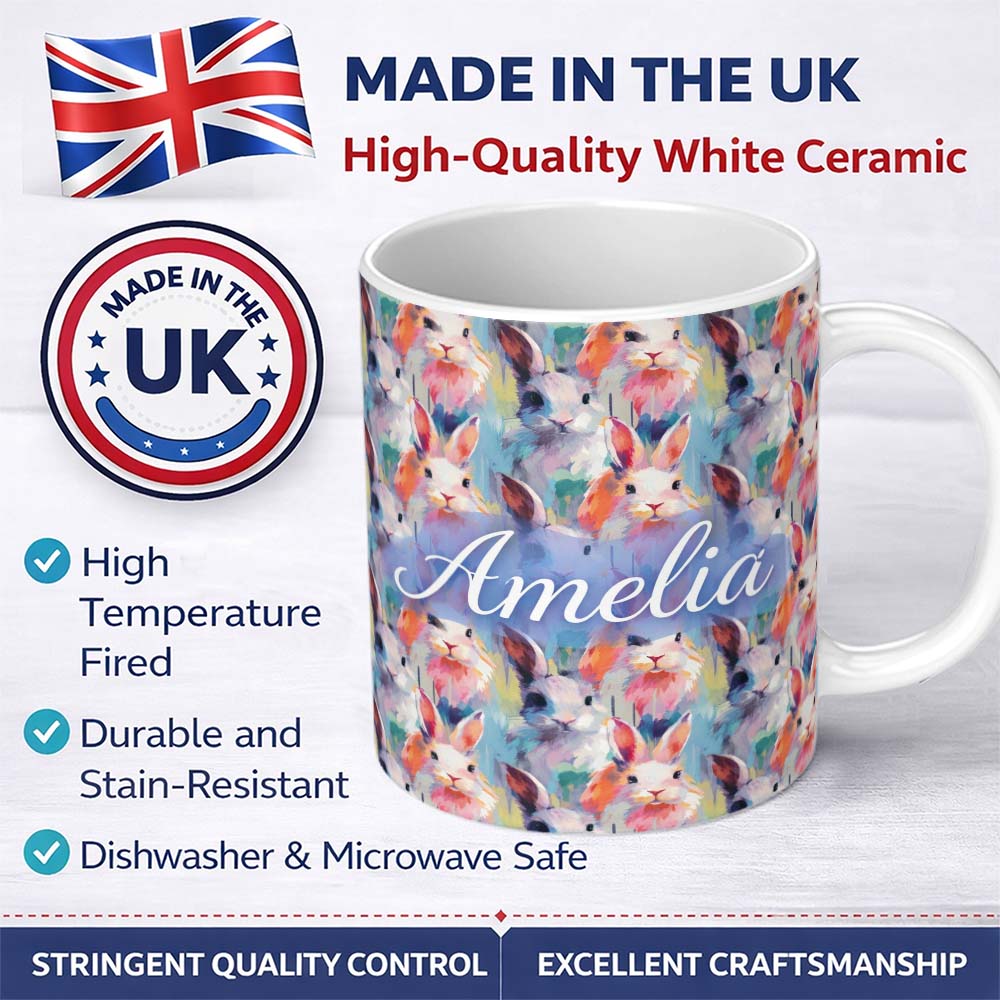 Personalized Custom Name Watercolor Easter Bunny Botanical Seamless Pattern Cute Unique Gift 11oz Ceramic Coffee Tea Mug White Large Handle