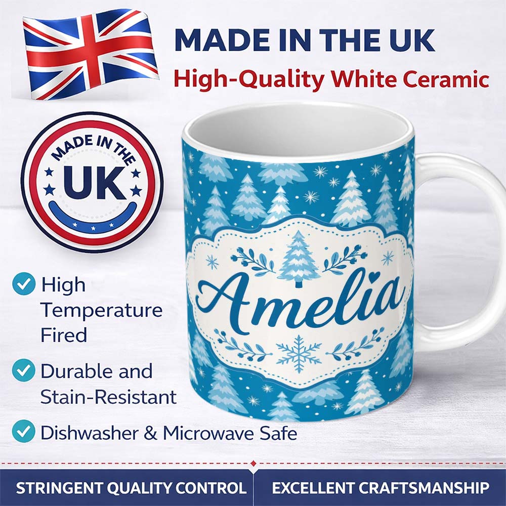Personalized Custom Name Snowy Winter Pine Trees with Falling Snowflakes Festive Blue Lovely 11oz Ceramic Coffee Tea Mug White Large Handle