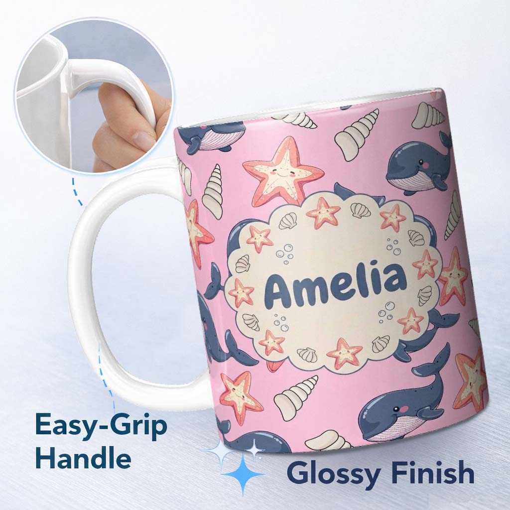 Personalized Custom Name Cute Kawaii Whale Starfish Seashell Ocean Animals Rose Background 11oz Ceramic Coffee Tea Mug White Large Handle