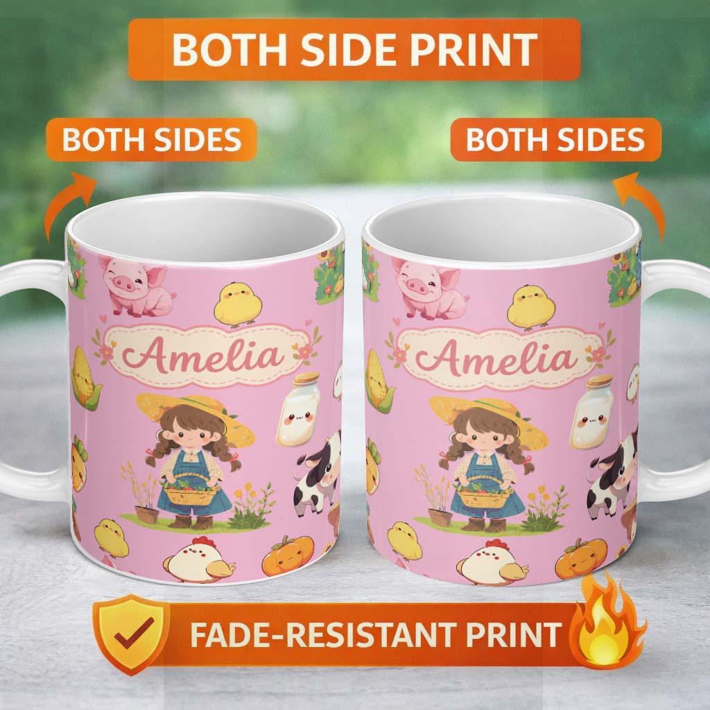 Personalized Custom Name Cute Farm Girl Pig Cow Chicken Corn Milk Pink Background Seamless 11oz Ceramic Coffee Tea Mug White Large Handle