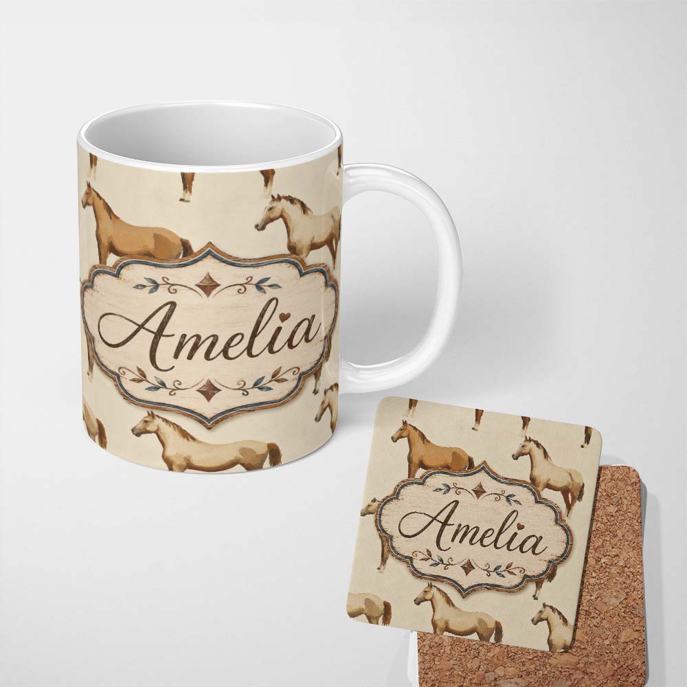 Personalized Custom Name Rustic Brown Horse Farm Animal Seamless Pattern Beautiful Coffee Cup 11oz Ceramic Coffee Tea Mug White Large Handle
