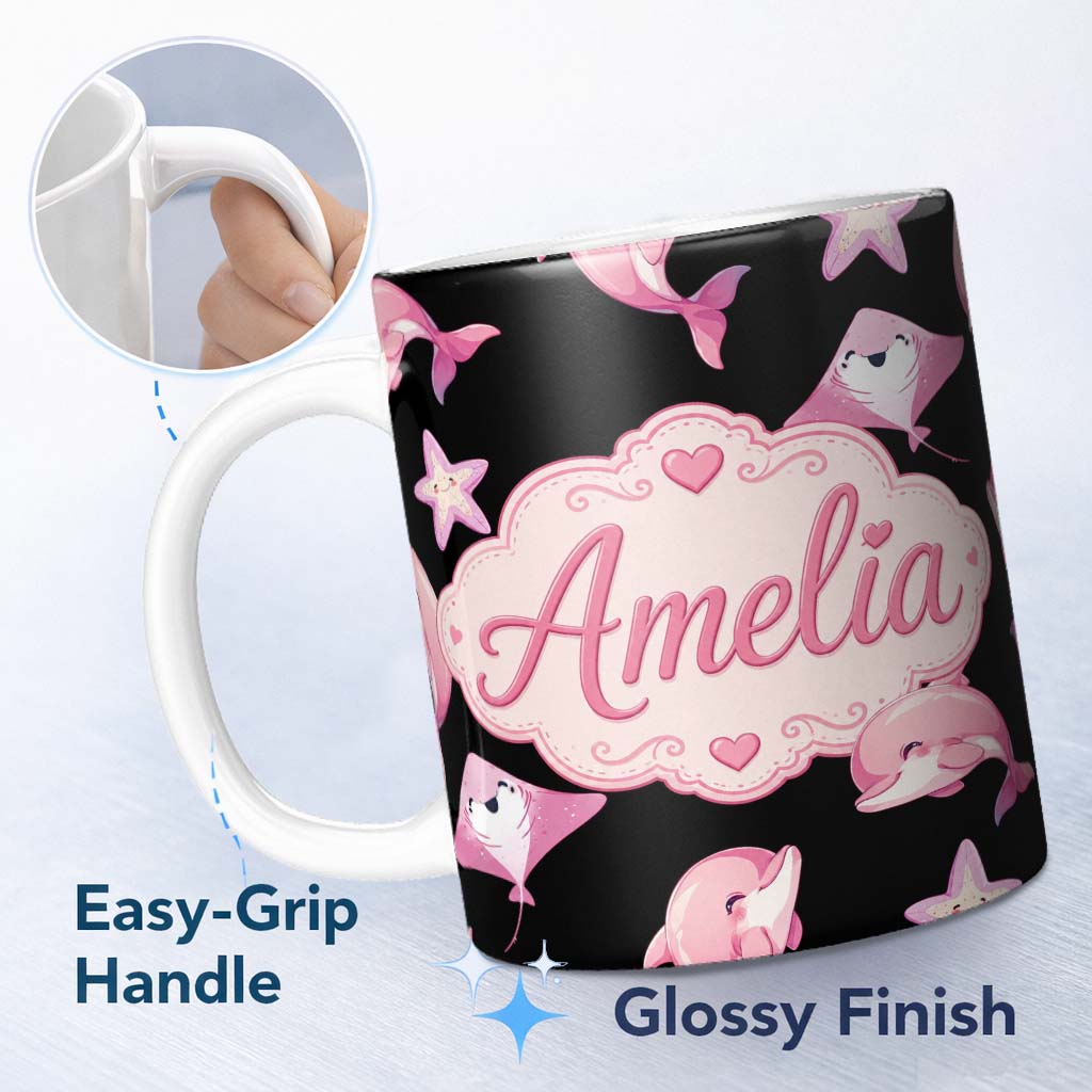 Personalized Custom Name Cute Pink Dolphin Stingray Starfish Ocean Creatures Black Background 11oz Ceramic Coffee Tea Mug White Large Handle