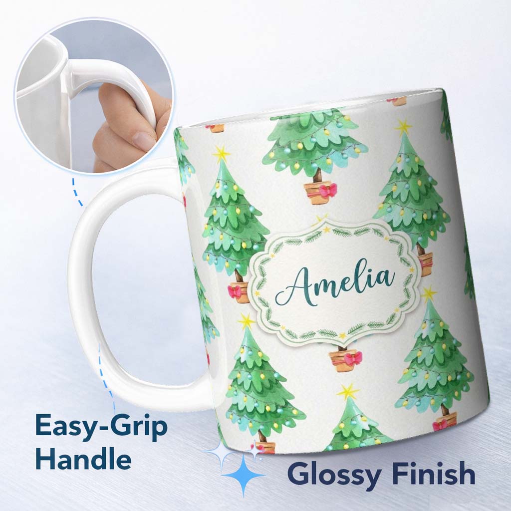 Personalized Custom Name Watercolor Christmas Trees with Lights in Pots Cute Holiday Seamless 11oz Ceramic Coffee Tea Mug White Large Handle