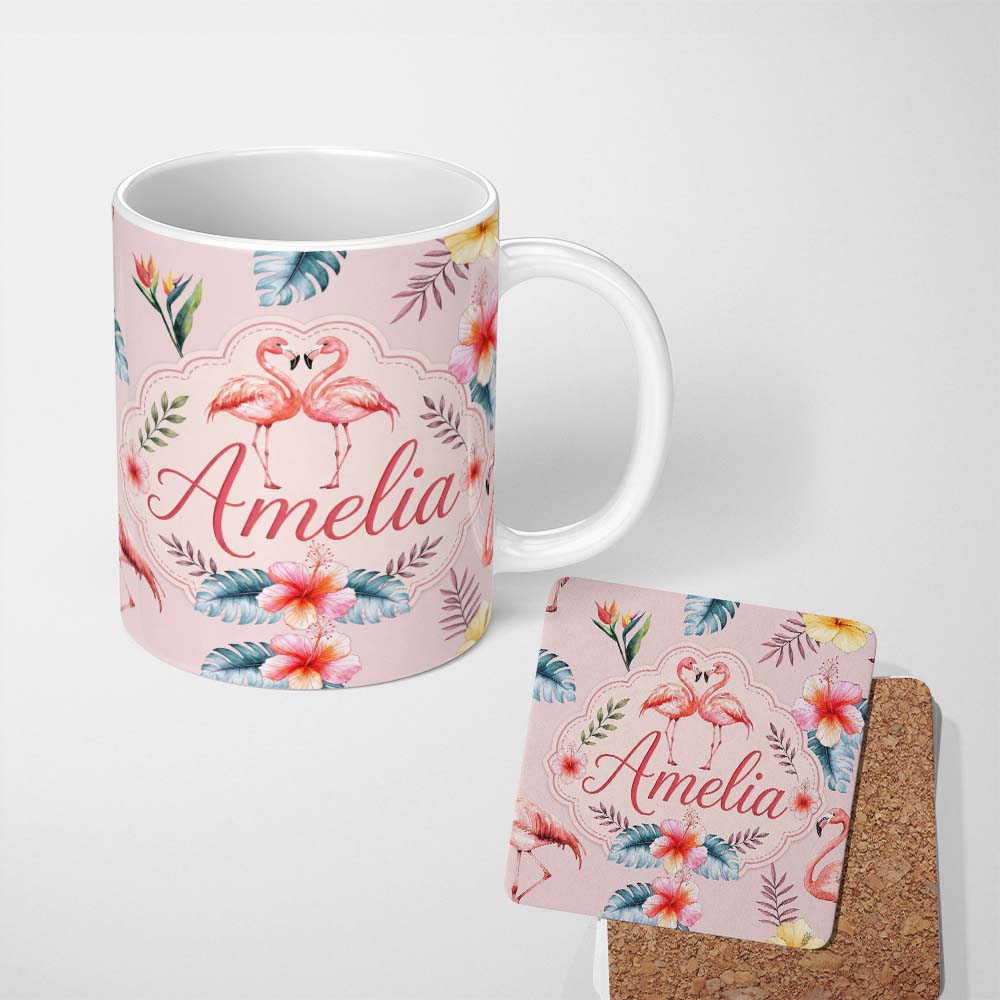 Personalized Custom Name Elegant Pink Flamingos Tropical Flowers on Soft Pink Background 11oz Ceramic Coffee Tea Mug White Large Handle