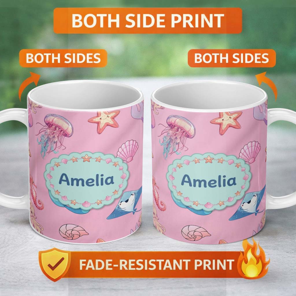 Personalized Custom Name Cute Blue Mermaid Jellyfish Seahorse and Ocean Creatures Soft Pink 11oz Ceramic Coffee Tea Mug White Large Handle