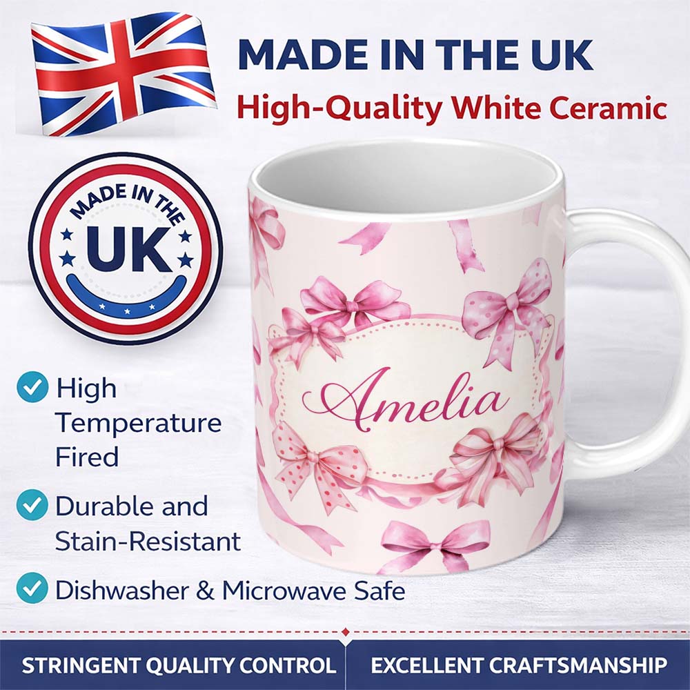 Personalized Custom Name Watercolor Pink Ribbon Bows Neutral Ivory Background Seamless Lovely 11oz Ceramic Coffee Tea Mug White Large Handle