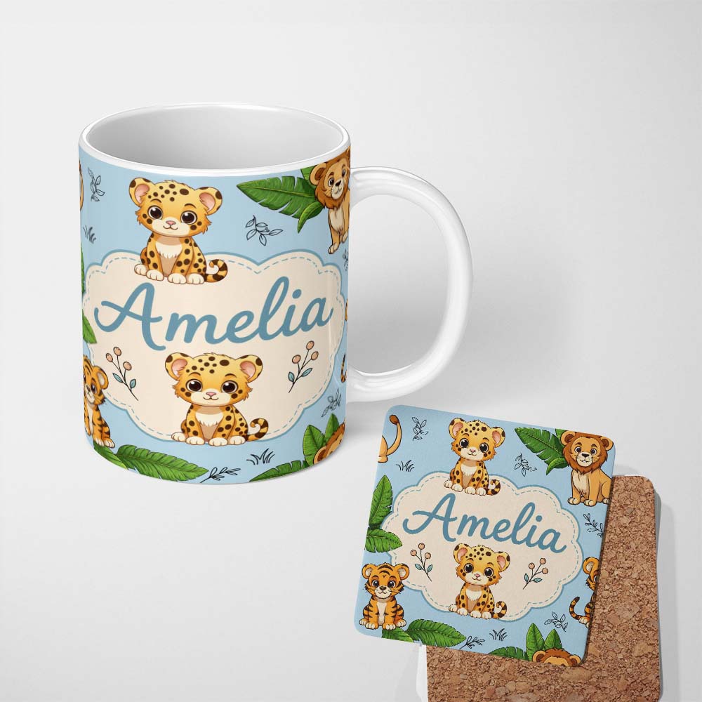 Personalized Custom Name Cute Jungle Animals Lion Tiger Leopard Tropical Leaves Pattern Blue 11oz Ceramic Coffee Tea Mug White Large Handle