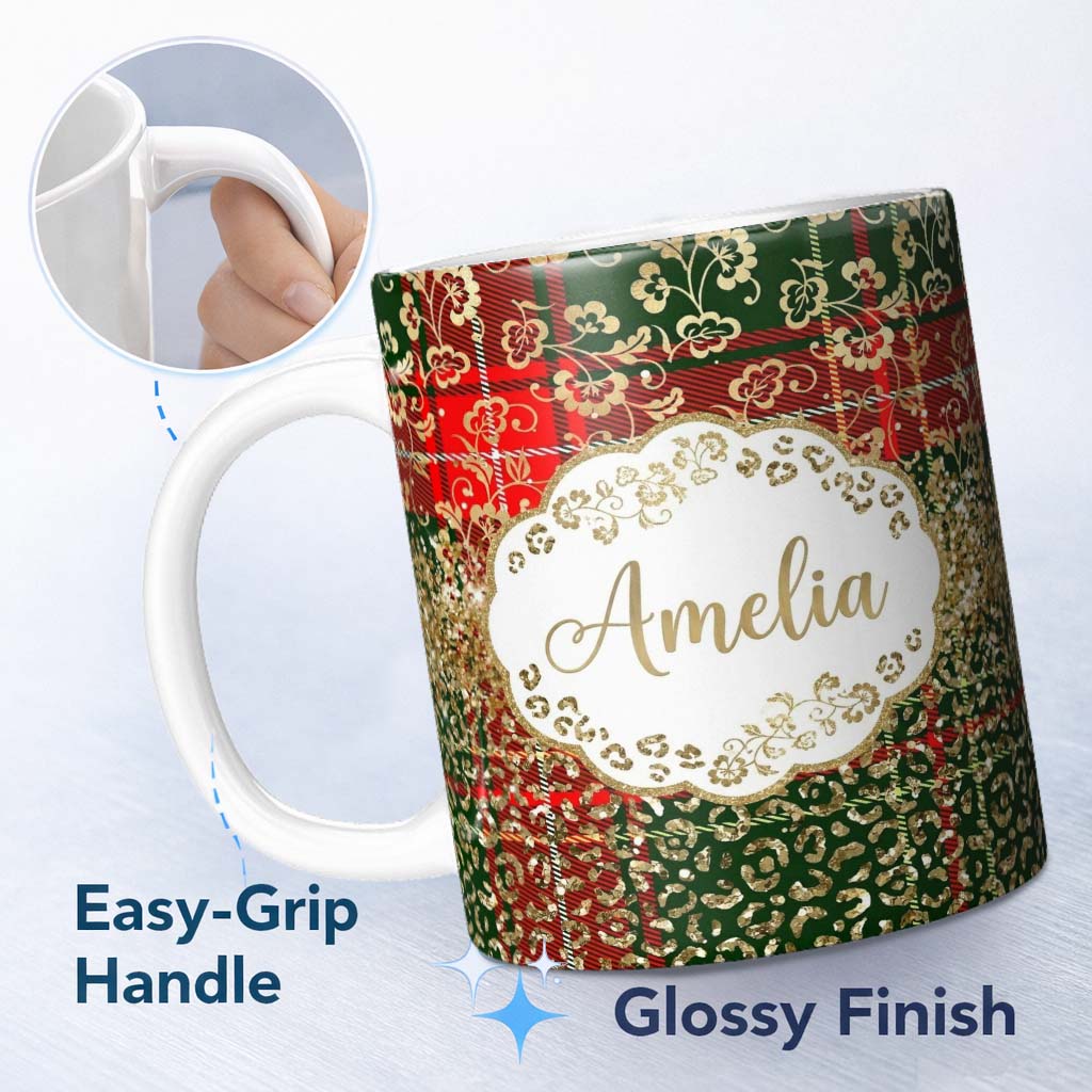 Personalized Custom Name Festive Plaid Gold Floral Glitter Christmas Seamless Pattern Lovely 11oz Ceramic Coffee Tea Mug White Large Handle