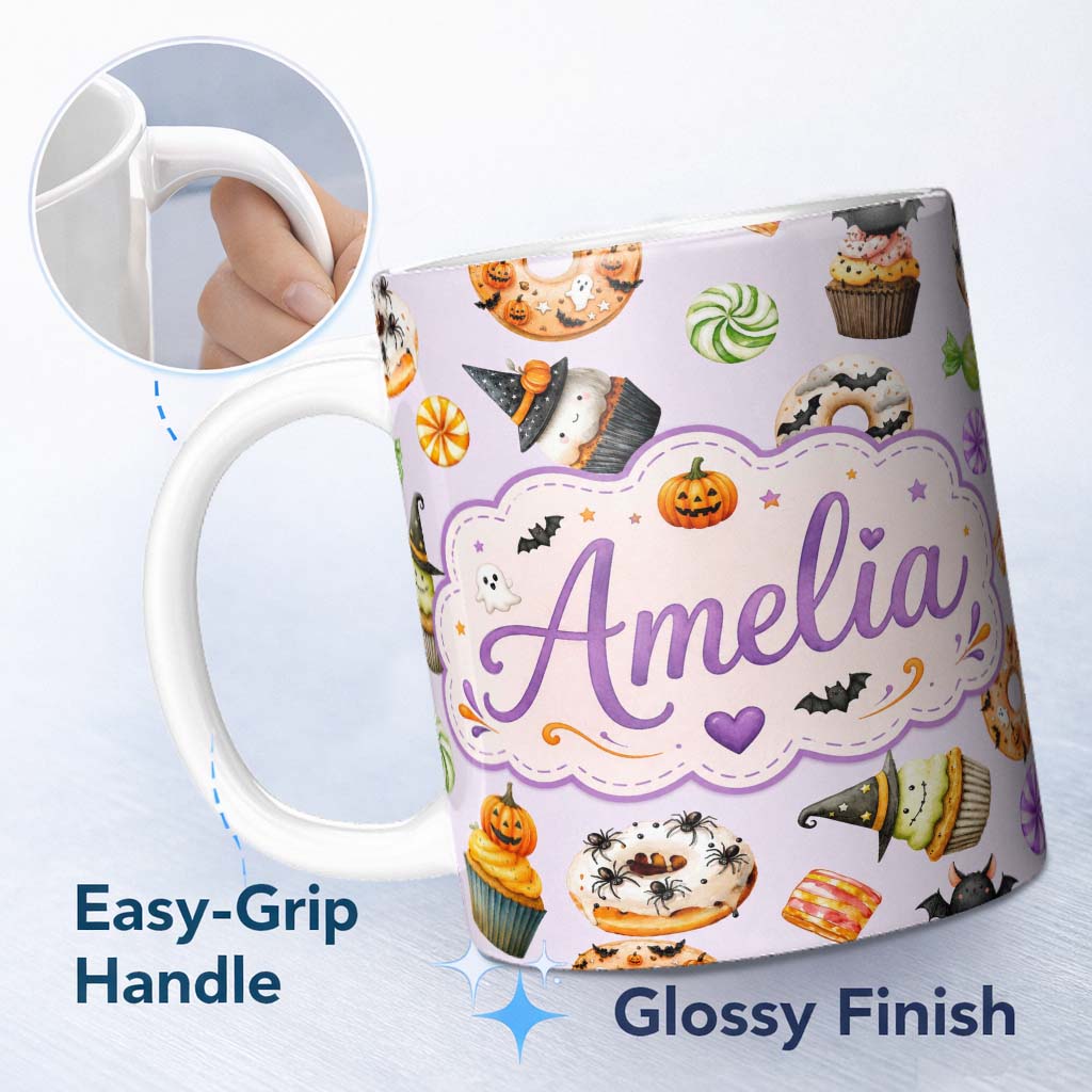 Personalized Custom Name Halloween Donuts Cupcakes Bats Candy and Pumpkins Light Purple 11oz Ceramic Coffee Tea Mug White Large Handle