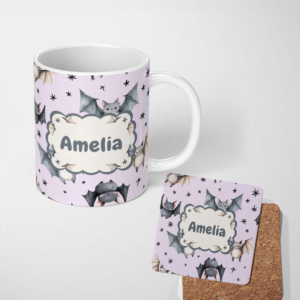 Personalized Custom Name Cute Baby Bats Flying with Stars Soft Lavender Background Seamless 11oz Ceramic Coffee Tea Mug White Large Handle
