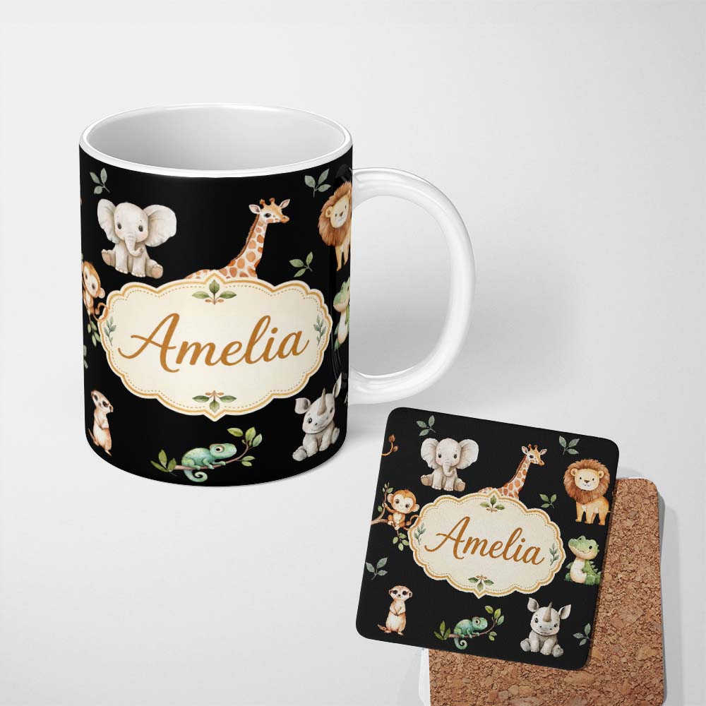 Personalized Custom Name Safari Animals with Elephant Lion and Crocodile on Black Background 11oz Ceramic Coffee Tea Mug White Large Handle