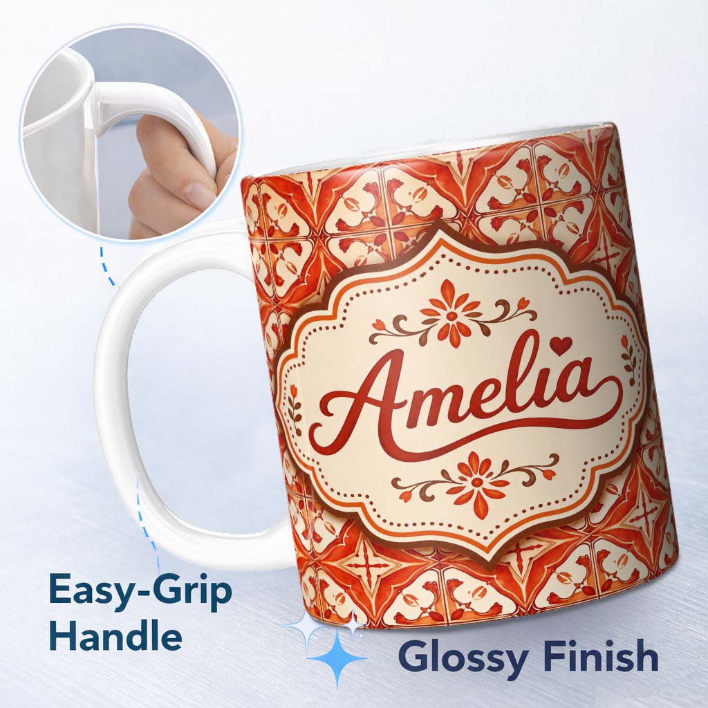 Personalized Custom Name Rust Red Vintage Geometric Tile Pattern with Cream Background Lovely 11oz Ceramic Coffee Tea Mug White Large Handle