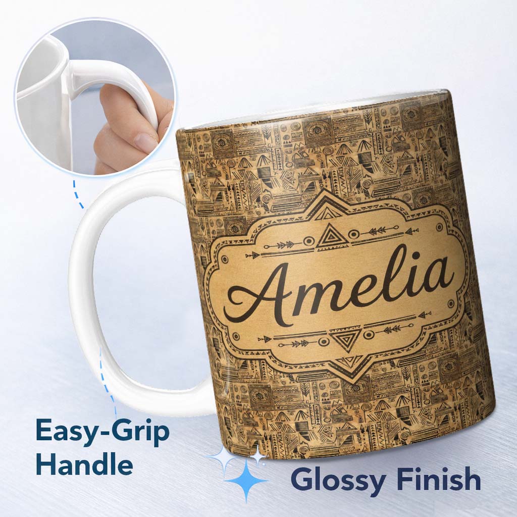 Personalized Custom Name Vintage Tribal Illustration Pattern with Hand Drawn Symbols in Sepia 11oz Ceramic Coffee Tea Mug White Large Handle