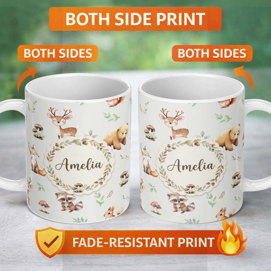 Personalized Custom Name Forest Animals Bear Deer Fox Owl Raccoon on Light Grey Seamless 11oz Ceramic Coffee Tea Mug White Large Handle