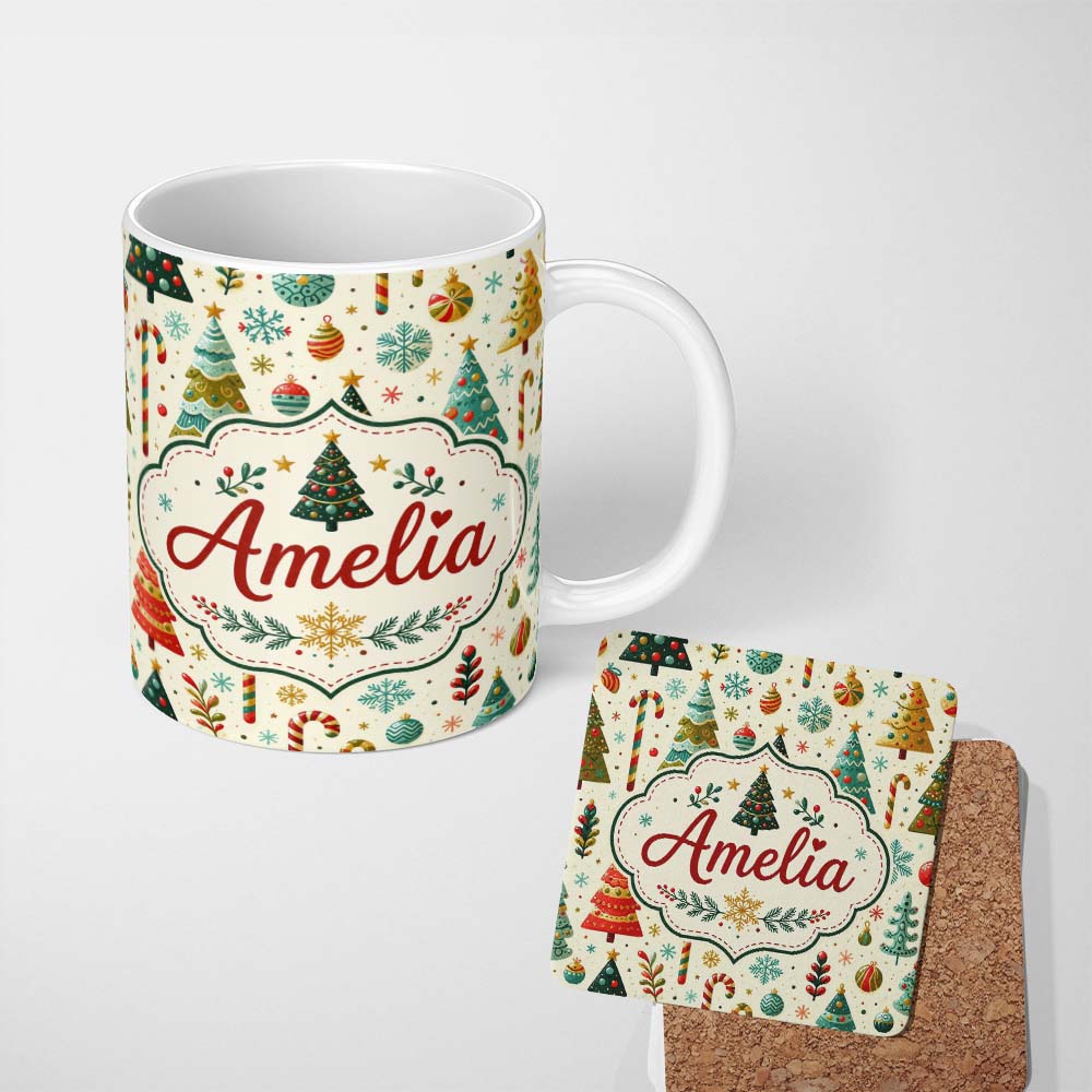 Personalized Custom Name Christmas Trees Ornaments Candy Canes Festive Seamless Pattern 11oz Ceramic Coffee Tea Mug White Large Handle
