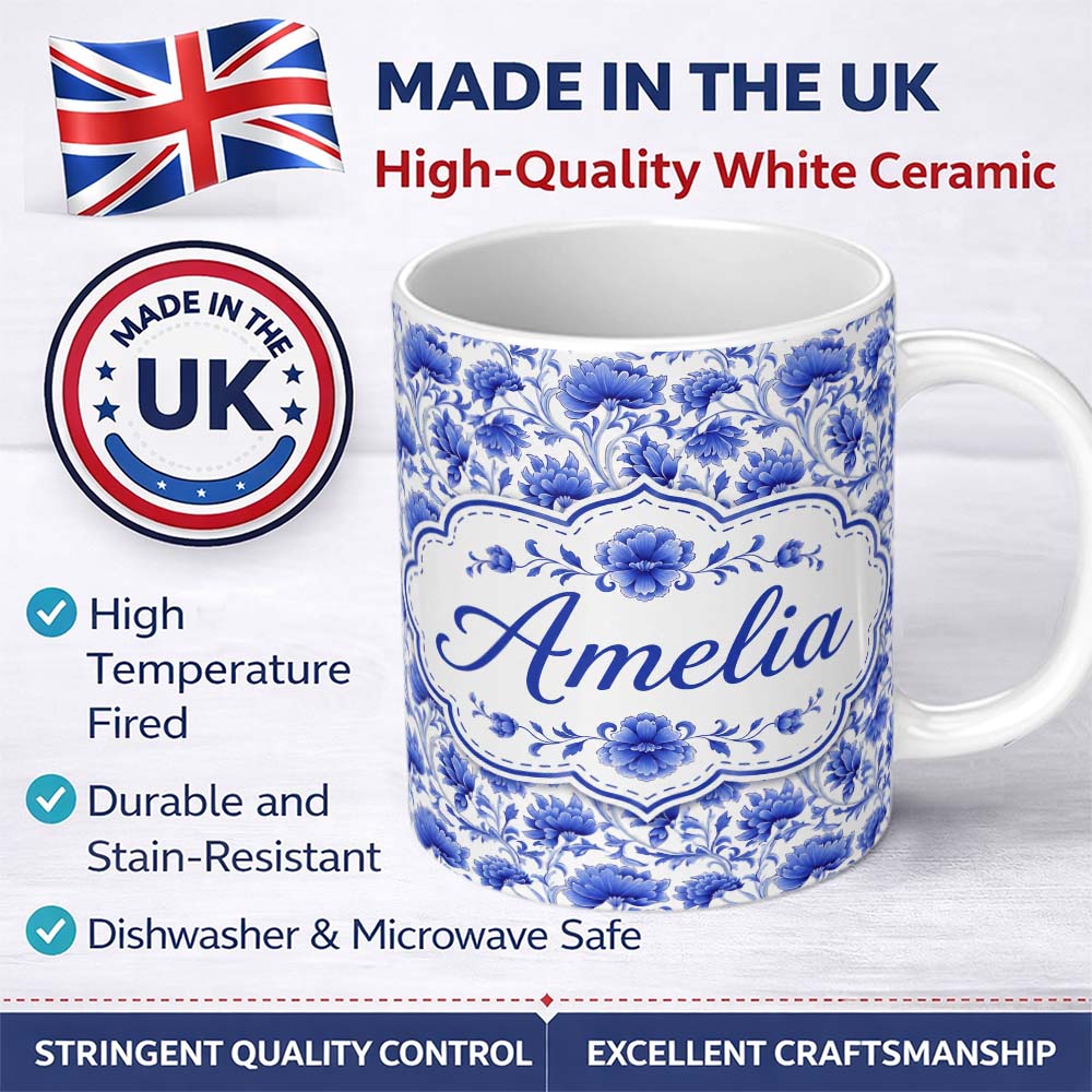 Personalized Custom Name Elegant Blue Vintage Floral Vine Seamless Pattern Cute Unique Gift 11oz Ceramic Coffee Tea Mug White Large Handle