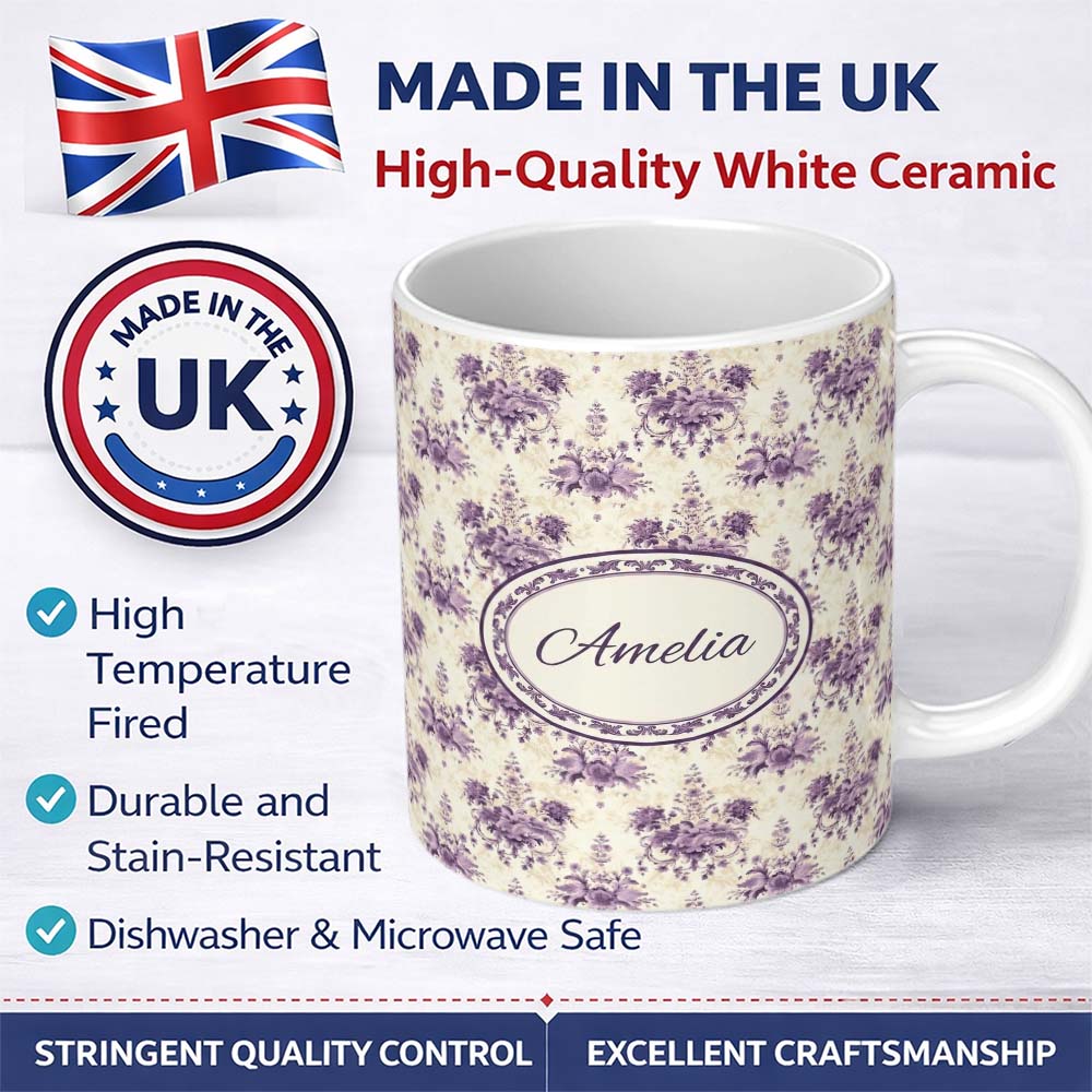 Personalized Custom Name Elegant Purple Damask Floral Vintage Seamless Pattern Lovely 11oz Ceramic Coffee Tea Mug White Large Handle