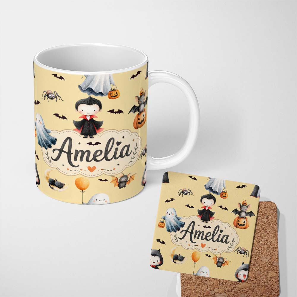 Personalized Custom Name Halloween Vampire Ghost Bats Spooky Characters Warm Yellow Seamless 11oz Ceramic Coffee Tea Mug White Large Handle