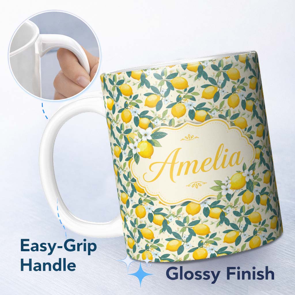Personalized Custom Name Classic Lemon Branches with White Blossoms Neutral Background Lovely 11oz Ceramic Coffee Tea Mug White Large Handle