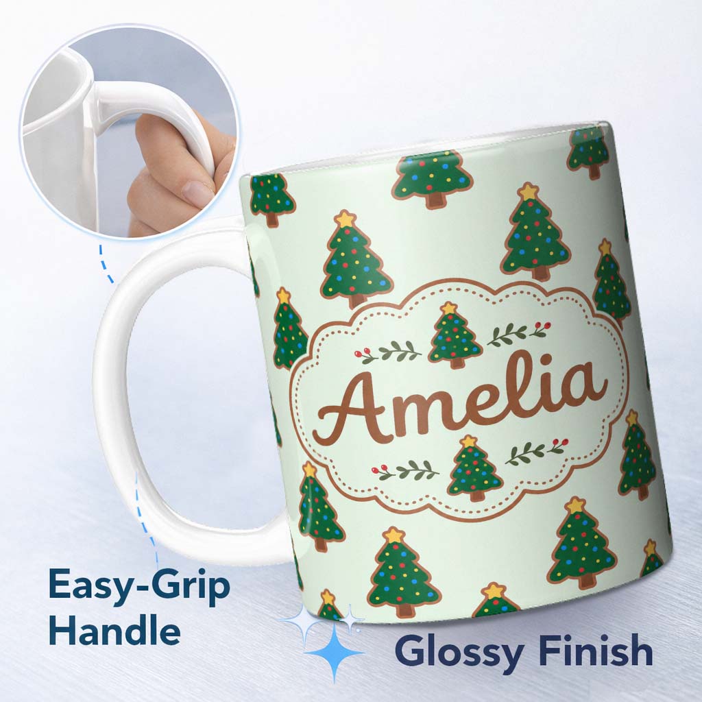 Personalized Custom Name Cute Christmas Tree Cookies with Colorful Lights Seamless Pattern 11oz Ceramic Coffee Tea Mug White Large Handle