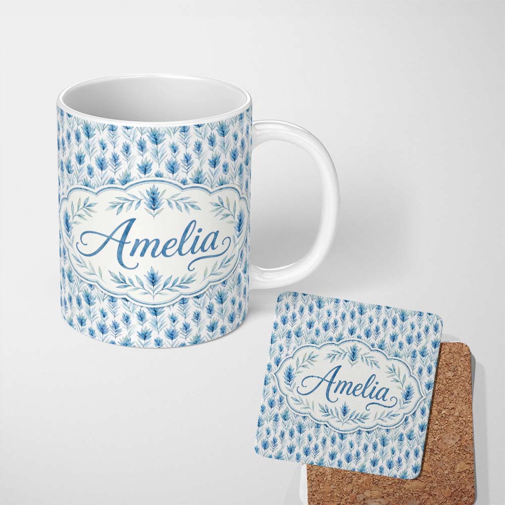 Personalized Custom Name Blue Botanical Leaves Watercolor Floral Seamless Pattern Lovely 11oz Ceramic Coffee Tea Mug White Large Handle