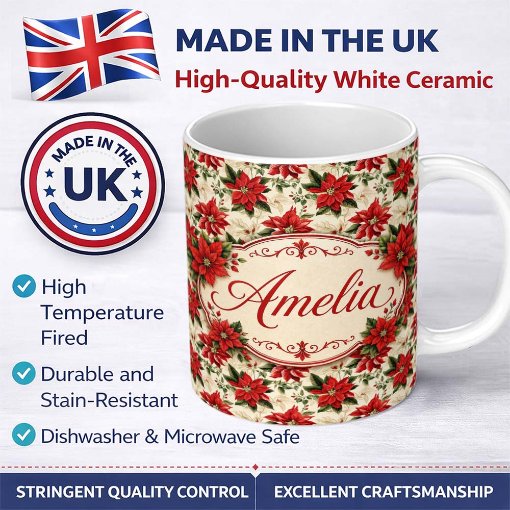 Personalized Custom Name Vintage Poinsettia Floral Cream Background Christmas Botanical Print 11oz Ceramic Coffee Tea Mug White Large Handle