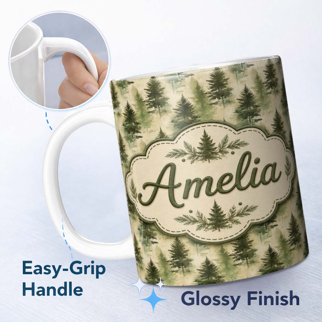 Personalized Custom Name Soft Watercolour Evergreen Tree with Misty Forest Effect on Light 11oz Ceramic Coffee Tea Mug White Large Handle