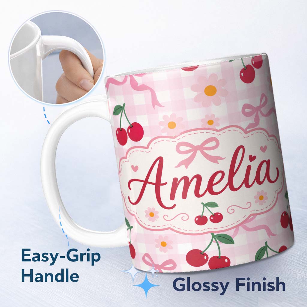 Personalized Custom Name Cute Cherry and Daisy Flowers with Pink Ribbon Bows Pink Gingham 11oz Ceramic Coffee Tea Mug White Large Handle