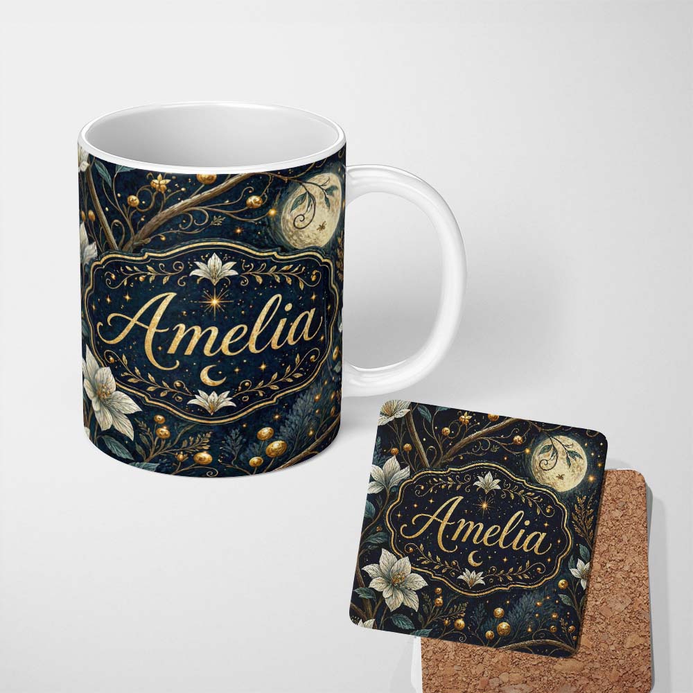 Personalized Custom Name Golden Celestial Floral Spiral Stars Night Seamless Pattern Lovely 11oz Ceramic Coffee Tea Mug White Large Handle