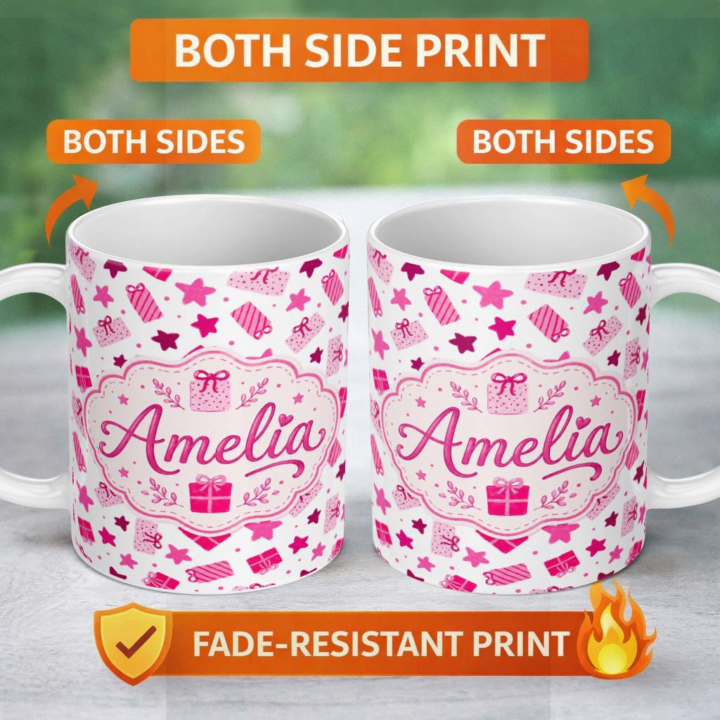 Personalized Custom Name Cute Pink Gift Boxes Stars Festive Christmas Seamless Pattern Lovely 11oz Ceramic Coffee Tea Mug White Large Handle