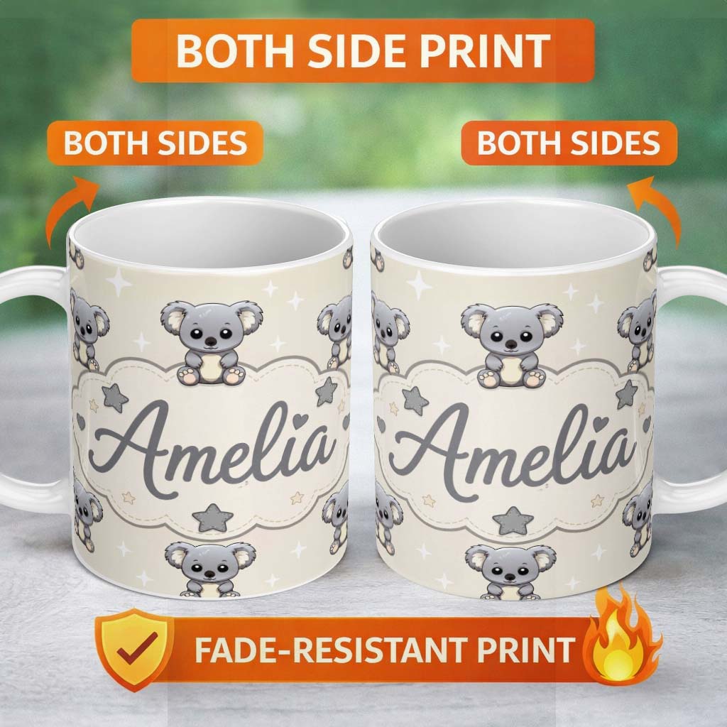 Personalized Custom Name Cute Koala Bears with Stars Beige Background Seamless Pattern Lovely 11oz Ceramic Coffee Tea Mug White Large Handle