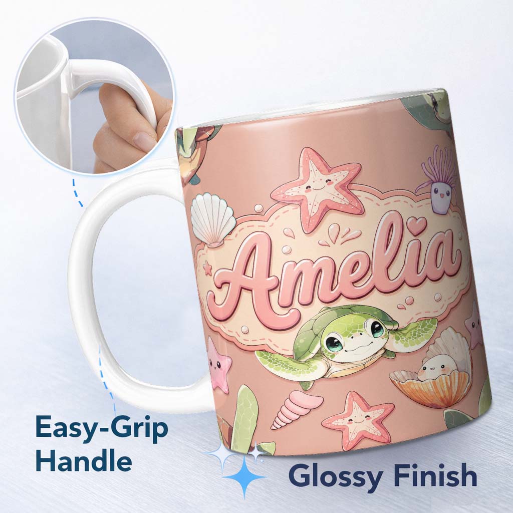 Personalized Custom Name Cute Kawaii Sea Turtle Starfish Shells Ocean Friends Peach Lovely 11oz Ceramic Coffee Tea Mug White Large Handle