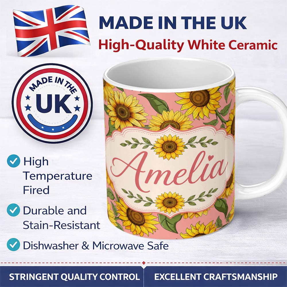 Personalized Custom Name Bright Yellow Sunflower Pink Background Seamless Pattern Name Cute 11oz Ceramic Coffee Tea Mug White Large Handle