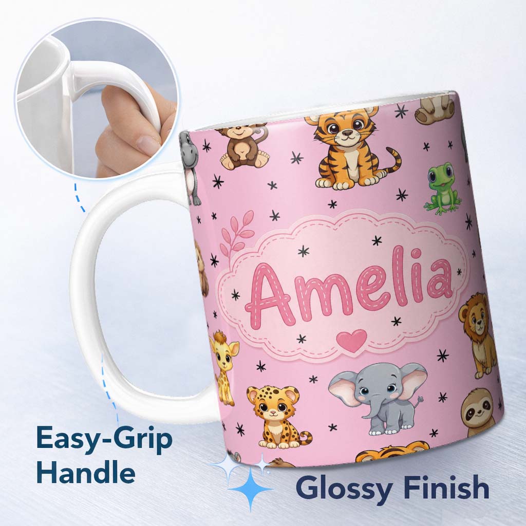 Personalized Custom Name Cute Jungle Baby Animals Lion Tiger Elephant Giraffe Pattern Pink 11oz Ceramic Coffee Tea Mug White Large Handle