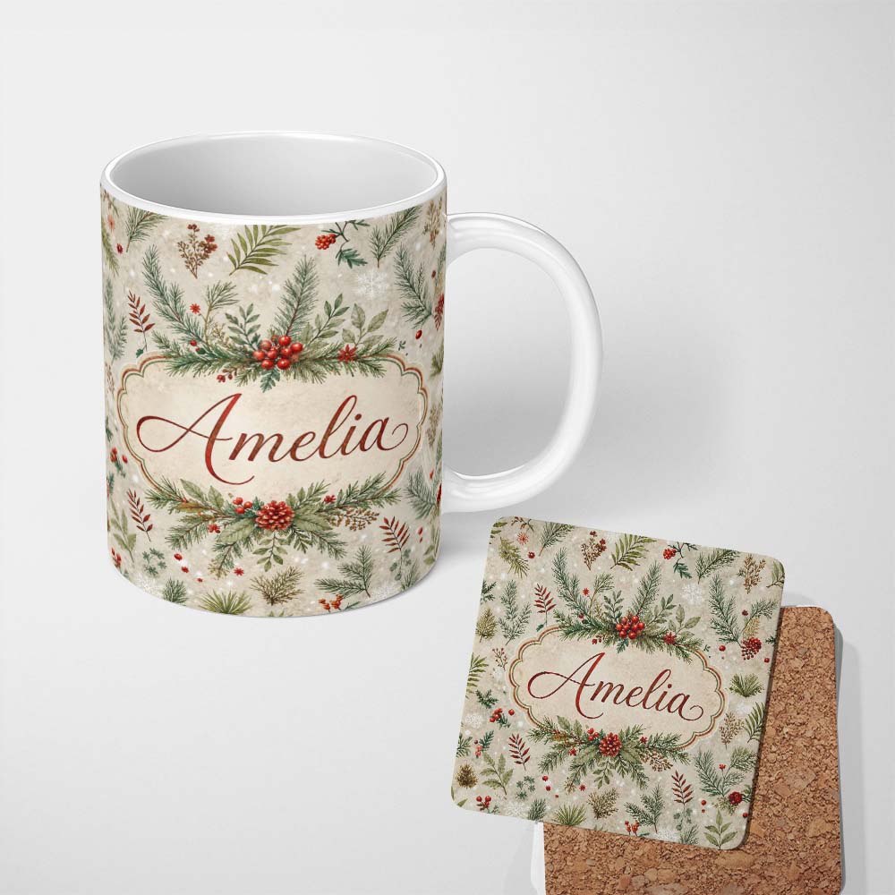 Personalized Custom Name Winter Botanical Pine Branch Berry Snowflake Seamless Pattern Lovely 11oz Ceramic Coffee Tea Mug White Large Handle