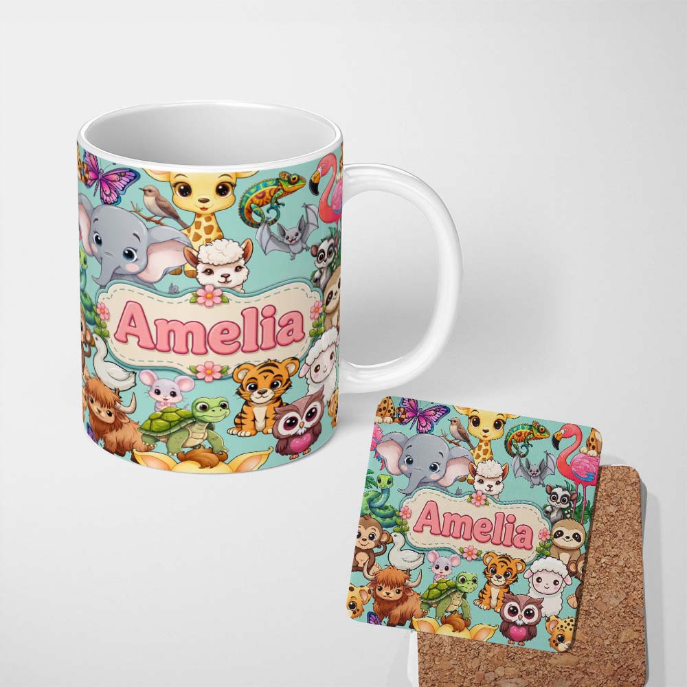 Personalized Custom Name Cute Cartoon Jungle Safari Animals Seamless Pattern on Teal Lovely 11oz Ceramic Coffee Tea Mug White Large Handle