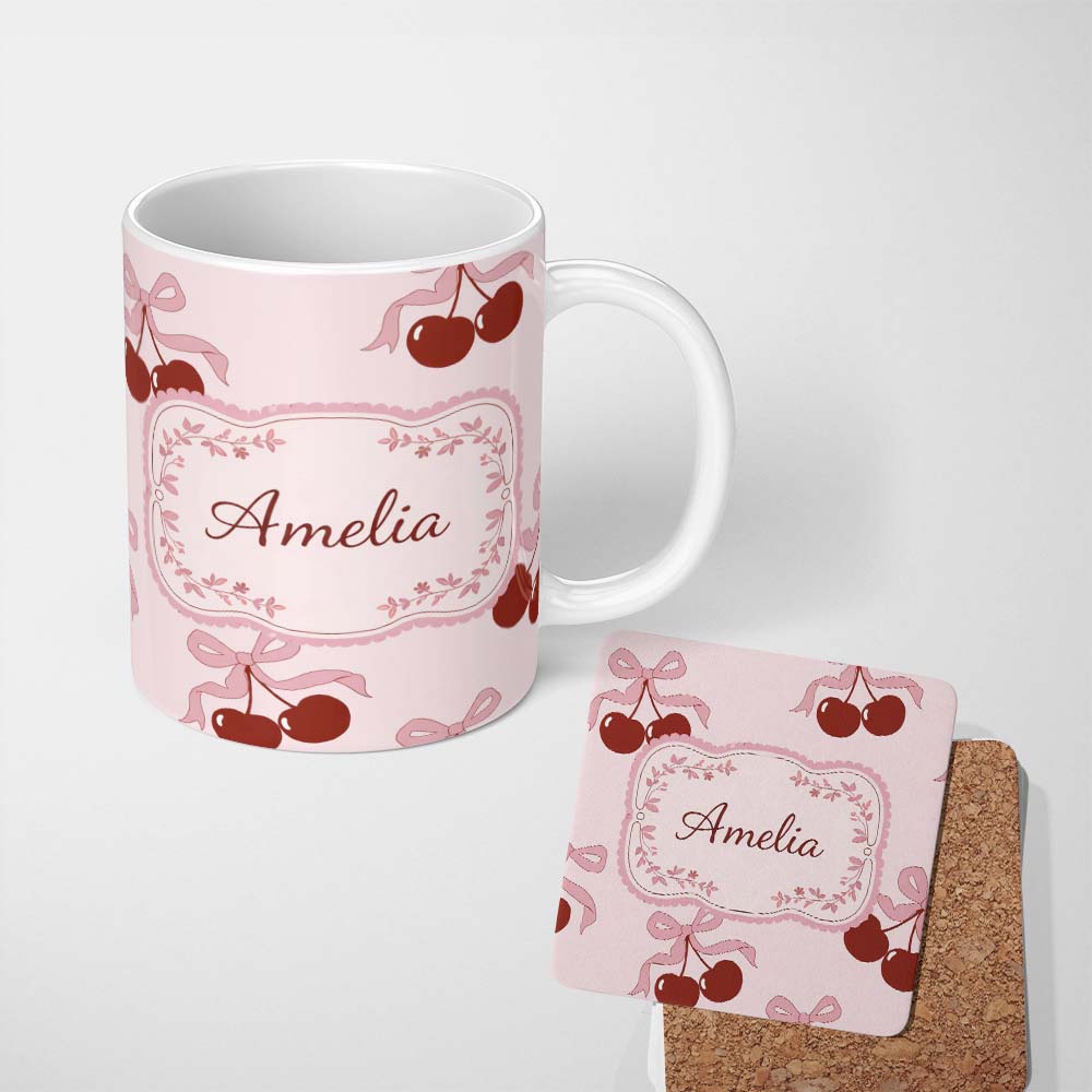 Personalized Custom Name Cherry Bow Ribbon Cute Minimal Soft Blush Background Seamless Lovely 11oz Ceramic Coffee Tea Mug White Large Handle