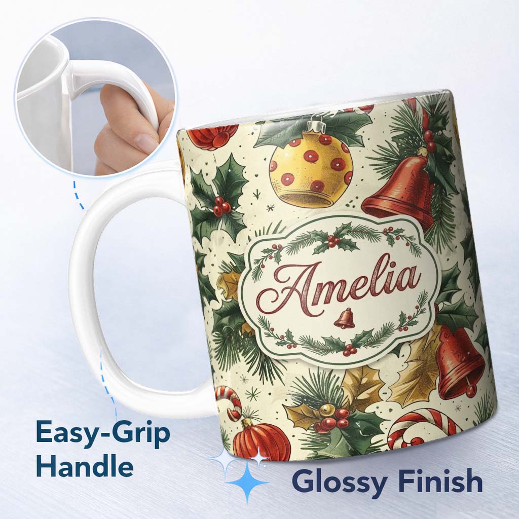 Personalized Custom Name Elegant Christmas Baubles Pine Branches Bows and Snowflake Elements 11oz Ceramic Coffee Tea Mug White Large Handle