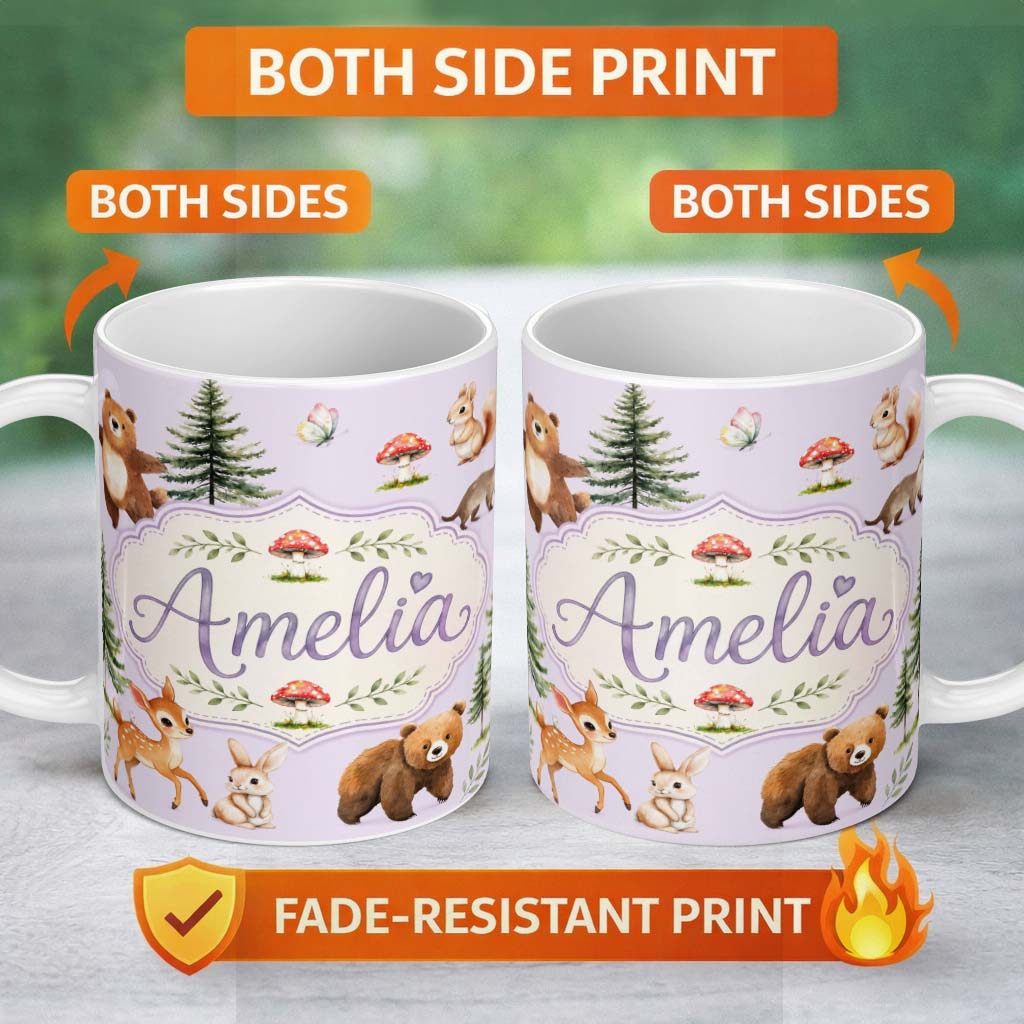 Personalized Custom Name Forest Animals Bear Bunny Squirrel Trees on Soft Lavender Seamless 11oz Ceramic Coffee Tea Mug White Large Handle